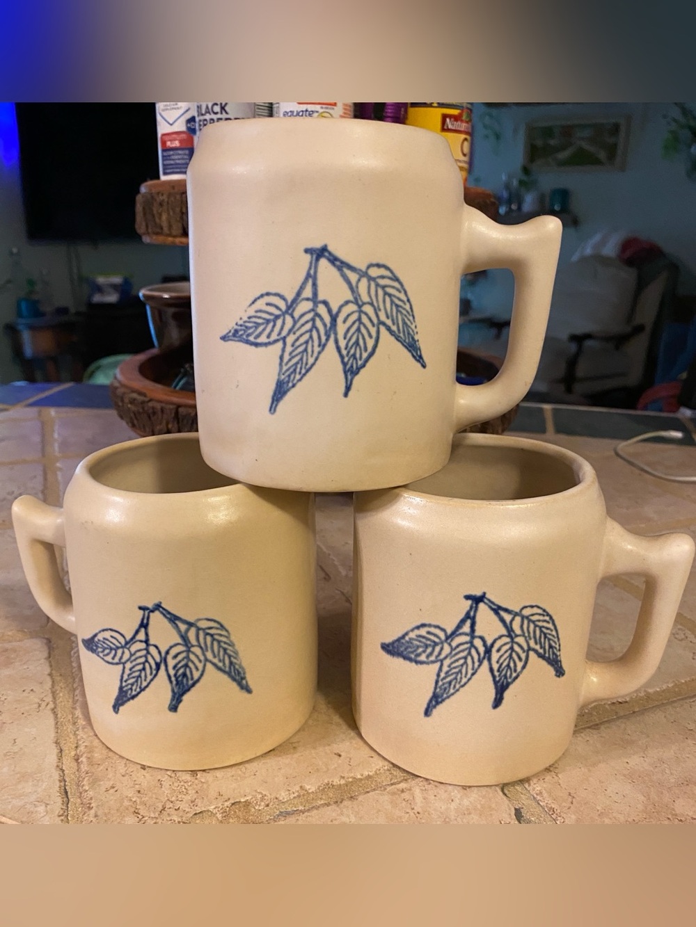 VTG 1991 Artists In The Park WI Stoneware Blue Leaf Mug, 16oz - Set of 3